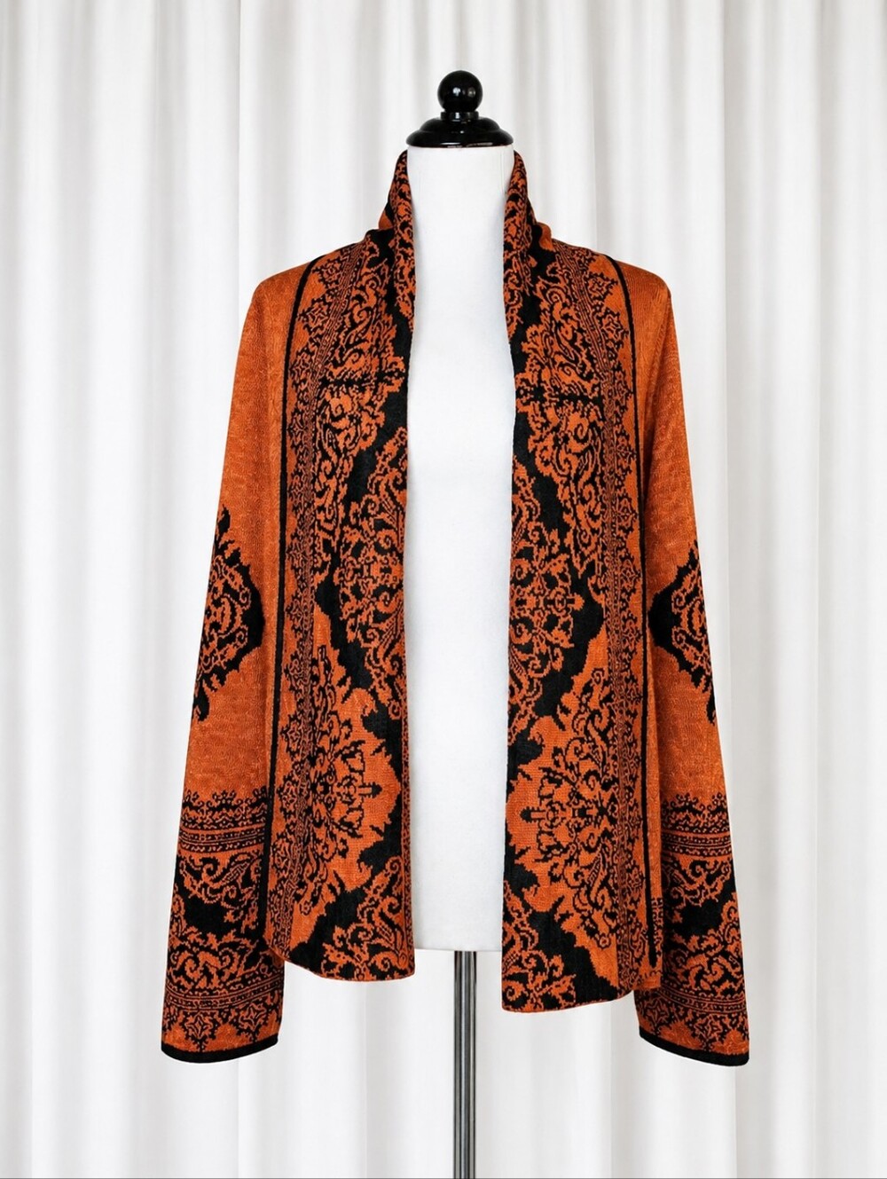 Simply Natural Designs Peruvian Alpaca Drape Front Orange Black Cardigan Sweater